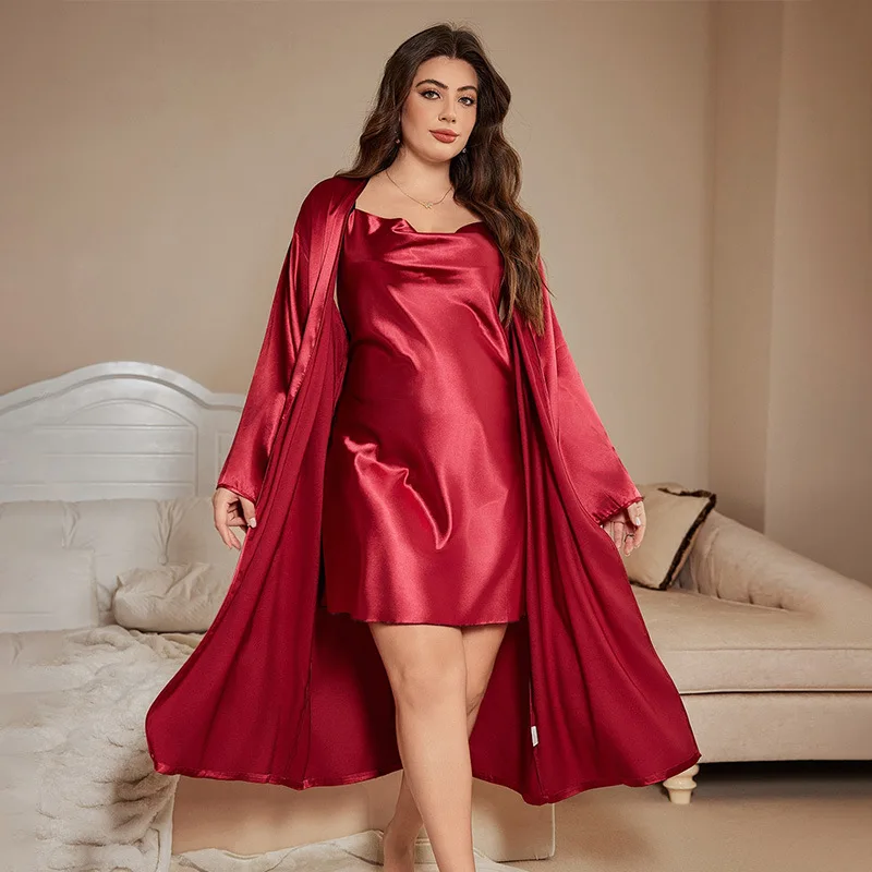 Ice Silk Sling Dress Women's Sleepwear Nighty&Robe Set Spaghetti Strap Butterfly Nightgown Long Bathrobe Loose Casual Homewear