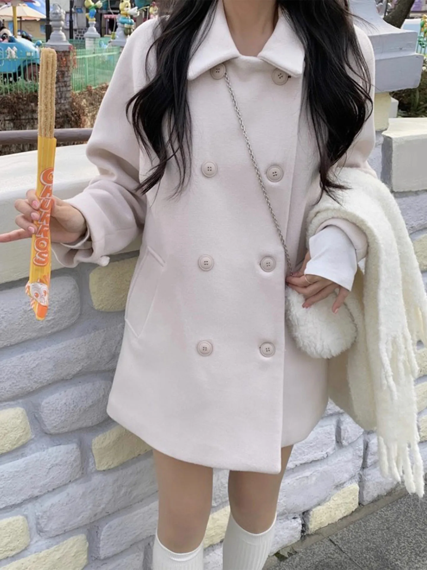 معطف صوفي دافئ للنساء مزدوج الصدر مملوء بالقطن ملابس خارجية كورية فضفاضة تناسب معطف طويل Sve متوسط الطول #3