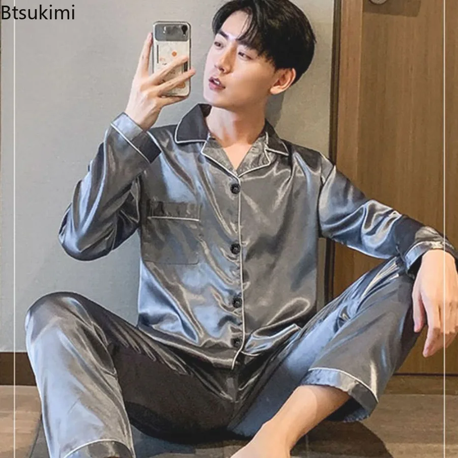 New 2026 Spring and Autumn Men's Pajamas Set Faux Silk Satin Pijama Lapel Sleepwear Long Sleeve Male Shirt Pants Suits Homewear