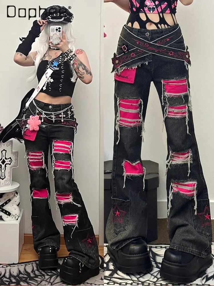 Y2k Ripped Denim Flare Pants Women High Street Splicing High Waist Cross Contrast Color Jeans Bell-bottoms 2000s Japanese