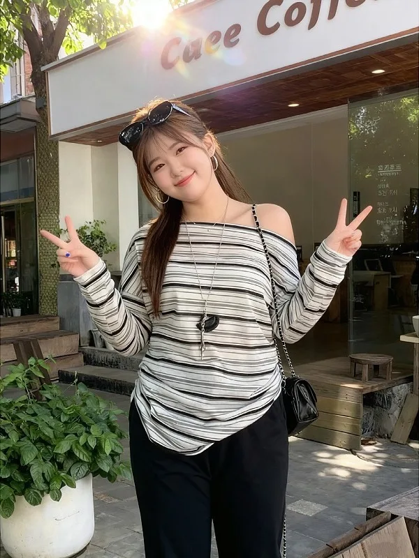 

plus Size Women's T-Shirt Striped Casual Loose Fit Long Sleeve One Shoulder Top Slimming Effect Comfortable Lazy Style Top