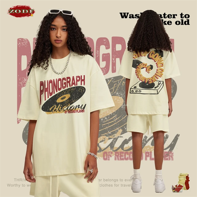ZODF New Vintage męskie koszulki z nadrukiem fonografowym unisex para lato amerykański Retro ponadgabarytowy 305gsm bawełniana koszulka topy HY0562