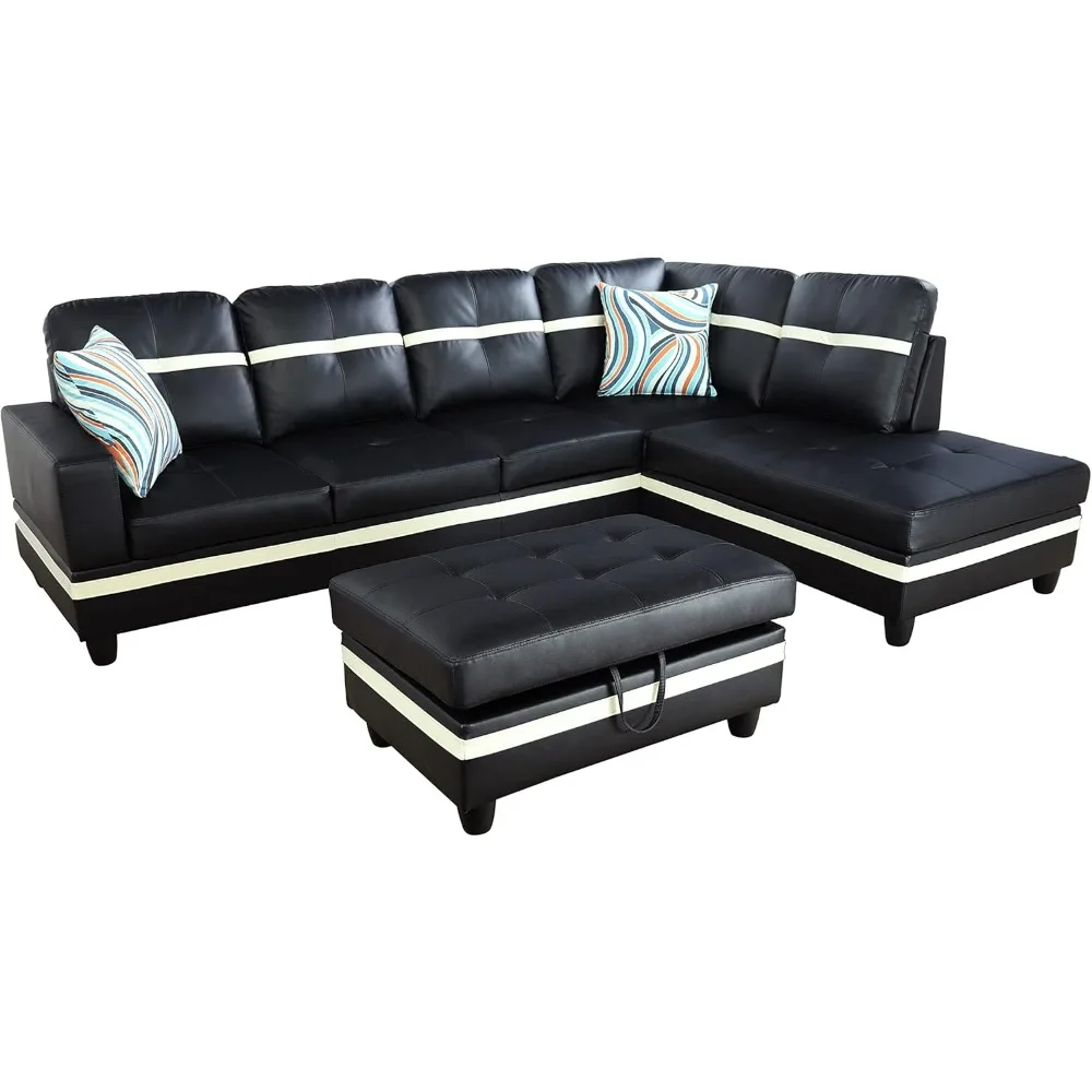 sofa.Golden Coast Furniture Sectional Sofa Set, L Shape Couch, Living Room Leather with Storage Ottoman & Toss Pillows