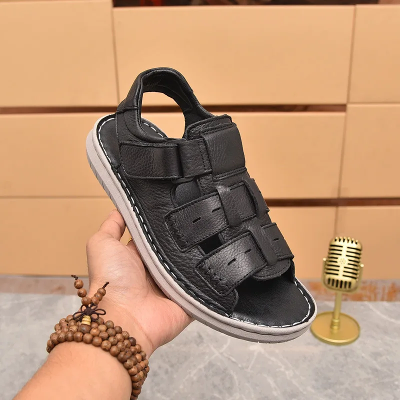 

Сандалии мужские из натуральной кожи, мягкая Нескользящая износостойкая подошва, летняя пляжная обувь для вождения, черные, 2024