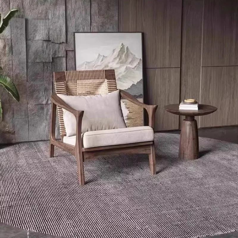 single wabi-sabi wind B & B rattan chair living room balcony walnut solid wood sofa chairl16