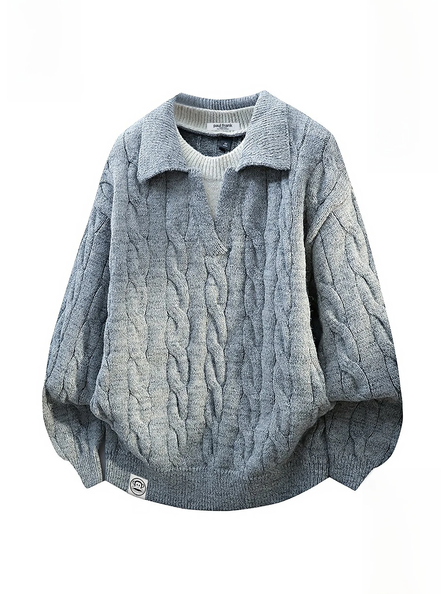 

Мужской зимний теплый вязаный свитер Paul Frank из плотной ткани с отложным воротником и узором «косы»