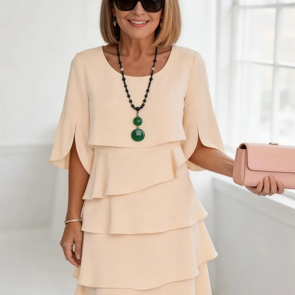 Elegant Ladies Spring Dress Casual Loose Fit Solid Color Tiered Hem Midi Skirt Soft Comfortable Trendy Female Streetwear