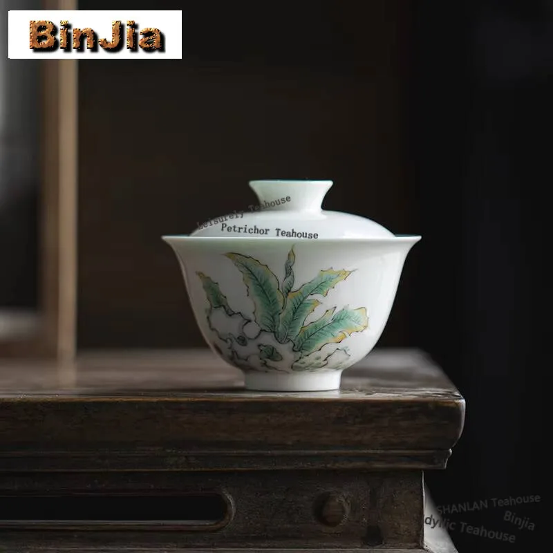 

105 мл ручная роспись Taihu Lake Stone Gaiwan античный бирюзовый зеленый нефрит Грязь Чай туреен чай пивоваренный чехол чаша украшения для кафе