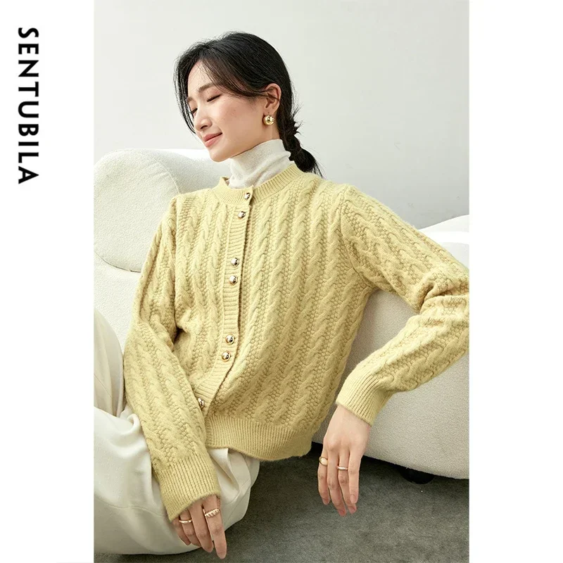 SENTUBILA Straight Jacquard Knitted Cardigan Women 2024 Fall Winter Crew Neck Single Breasted Comfort Short Sweater W44E56743