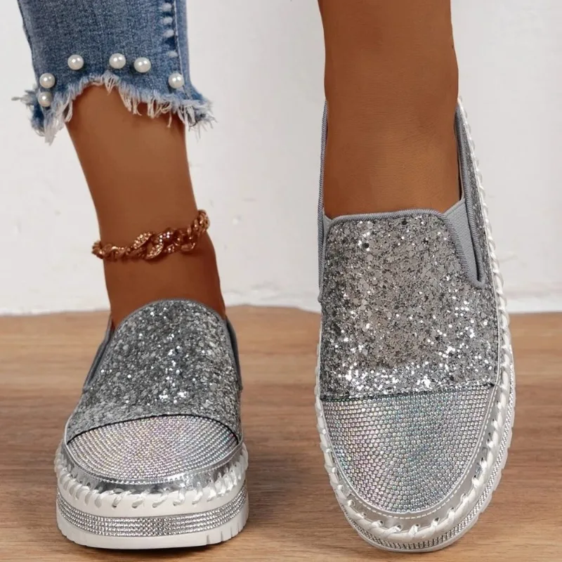 Women Sneakers 2024 New Women Flat Sequined Sneakers Casual Women Mesh Lace-up Fine Diamond Sequins Platform Vulcanized Shoes