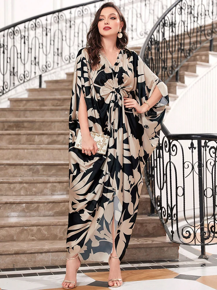 TOLEEN 2024 Summer Kaftan & Jalabiya Arabian Muslim Loose Long Dresses Women's Casual Elegant Floral Print Batwing Sleeve Dress