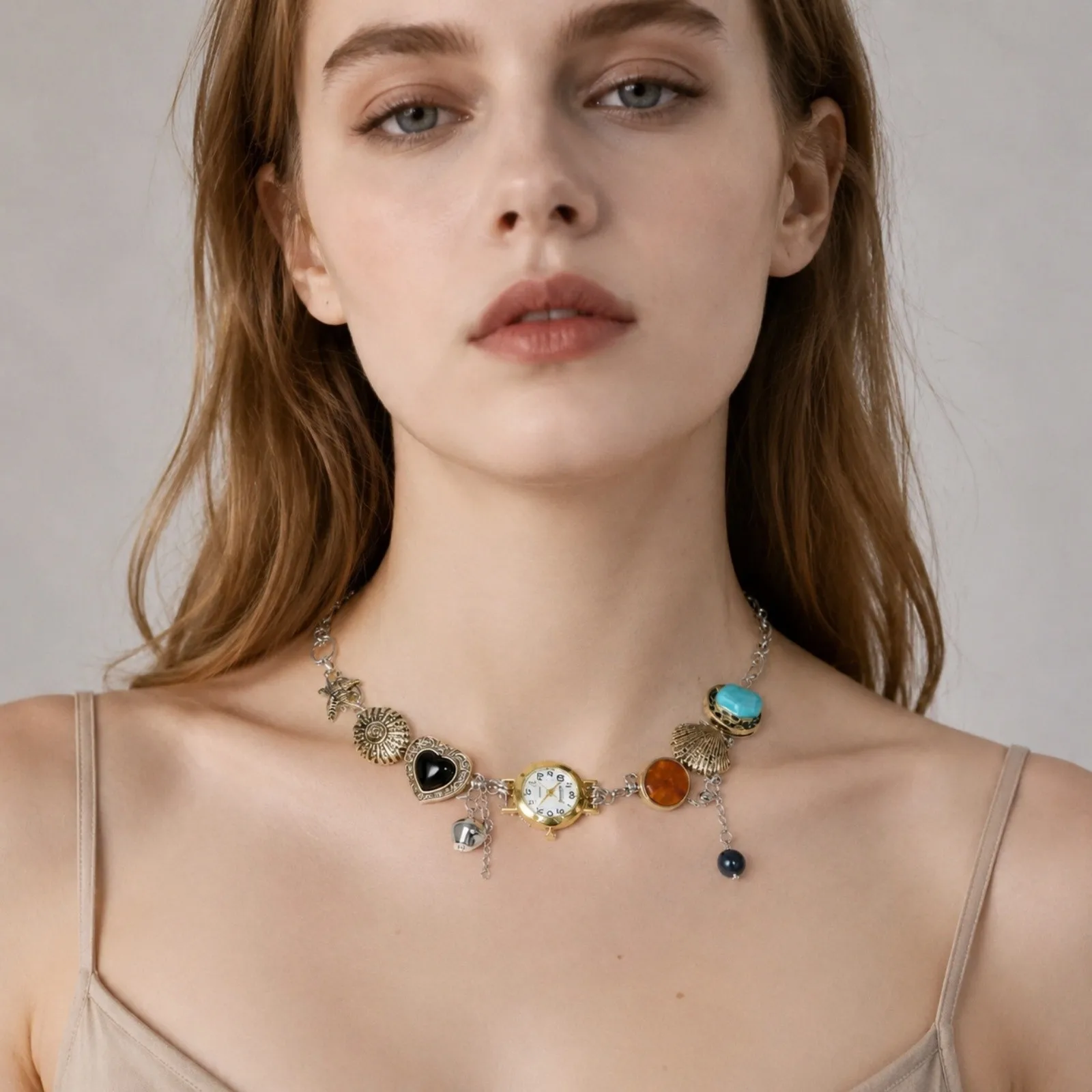 Womens Vintage Ocean Theme Quartz Necklace Watch Stainless Steel Choker Pendant Chain Watches Fashion Jewelry Xmas Gift