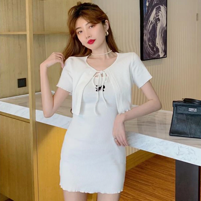 Fashionable And Sexy Hip-Covering Slim Fit Bow Sleeveless Dress Cardigan Two-Piece Set