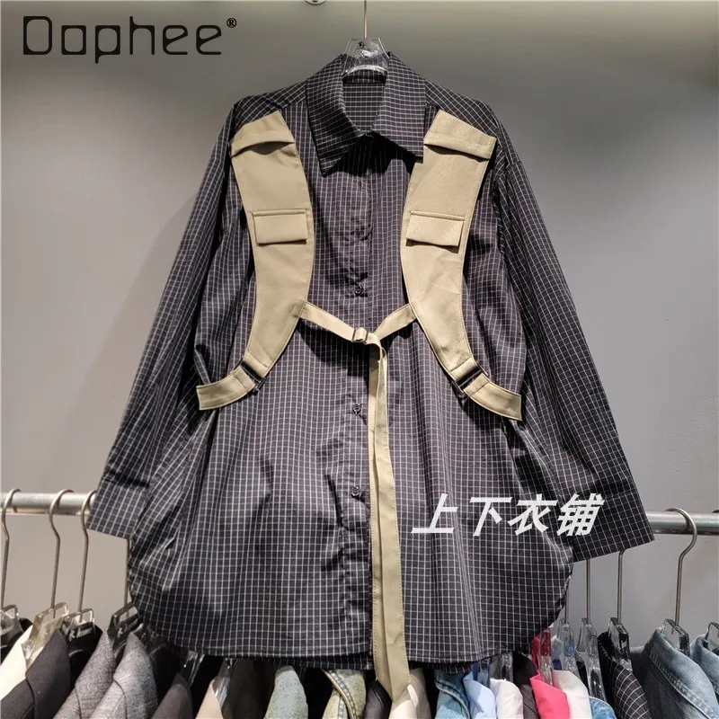 

Lace-up Vest Color-Contrast Check Fake Two Pieces Shirts 2024 New Fall Women's Clothing Hipster Loose Mid-Length Shirt Tops