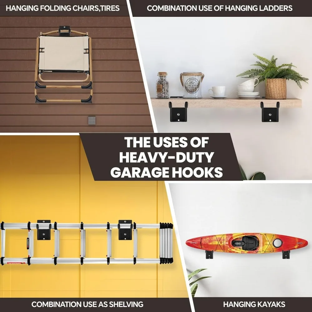 Crochets de garage en acier robuste de 14 pouces, paquet de 4 avec tiges de support pour outils, pneus, échelles