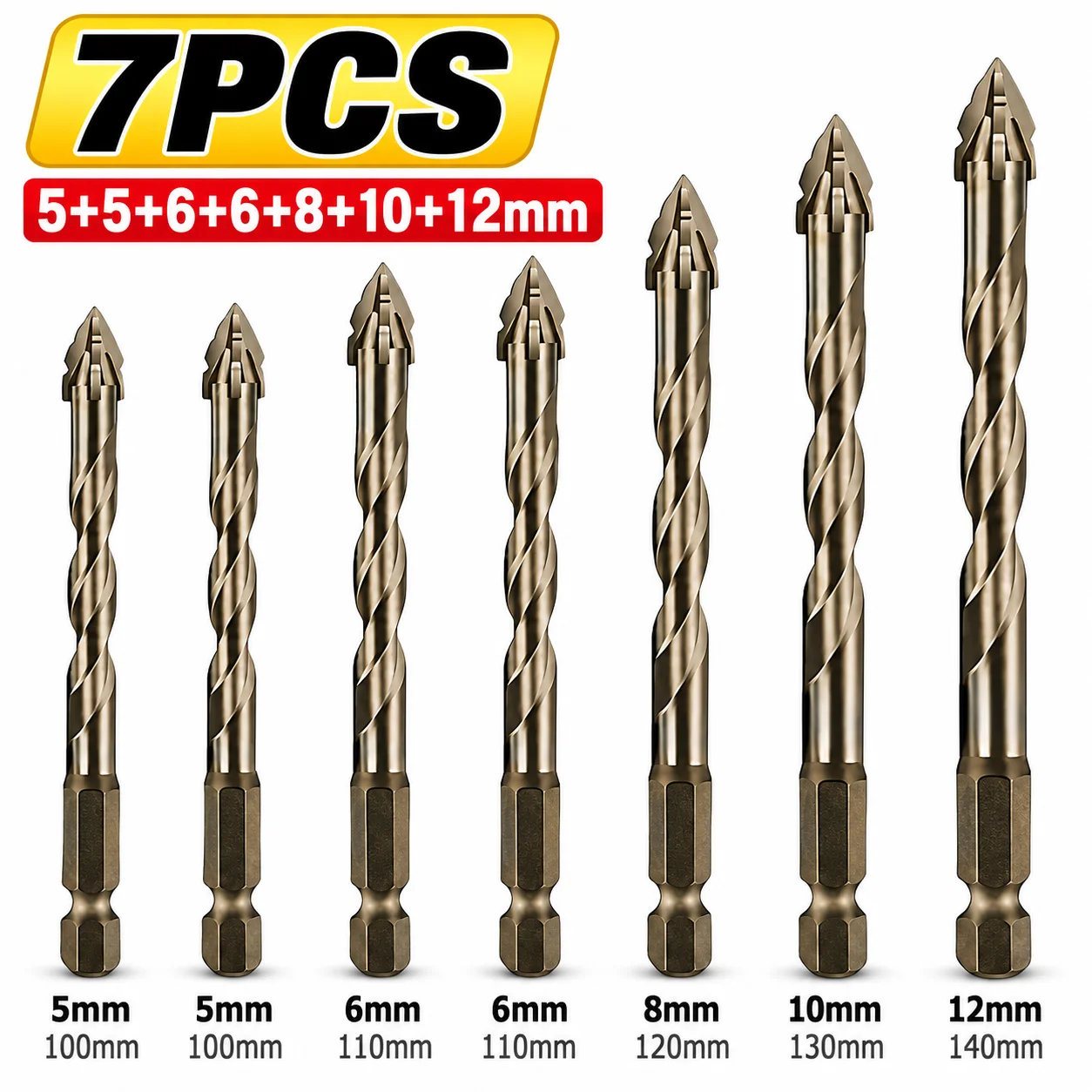 7Pcs Four-Flute Eccentric Sawtooth Drill Bit Set 5-12mm, 6.35mm Hex Shank Masonry Bits for Tile Glass Metal Wood