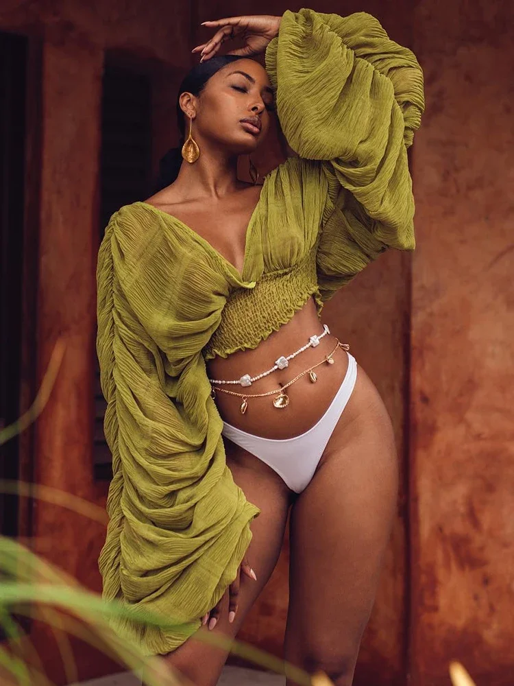 Blusas de verão camisas femininas com decote em v manga bufante blusas finas ver através sexy beachwear tops blusa branca elegante