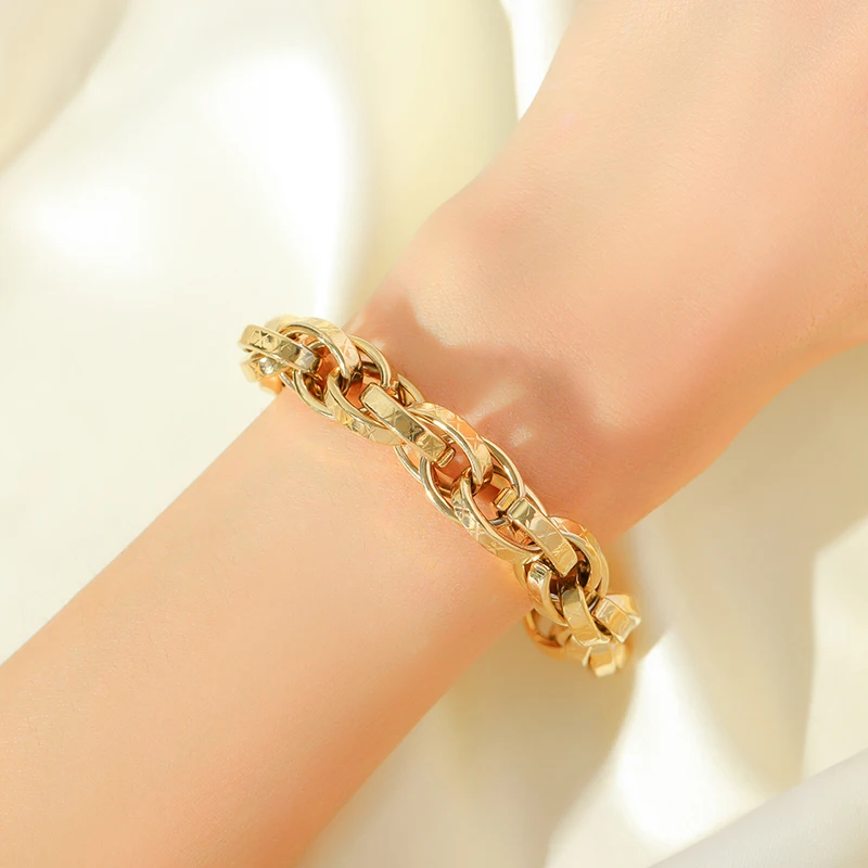 GANEMLY 316L Stainless Steel Metal Thick Cuban Chain Bangle Bracelet For Women Fashion Gold Color Wrist Chain Waterproof Jewelry