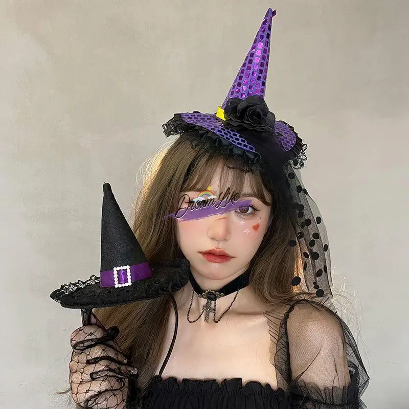 Acório de Moda Fena para loween: Tiara de Bruxa com Chapéu Mágico, Decoração de Clipe de Cabelo com Borda de Renda,...