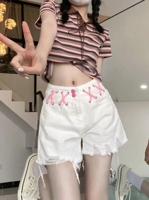 American spicy girl style denim shorts Women 2024 Summer drawstring High Waist Short Jeans Femme w978