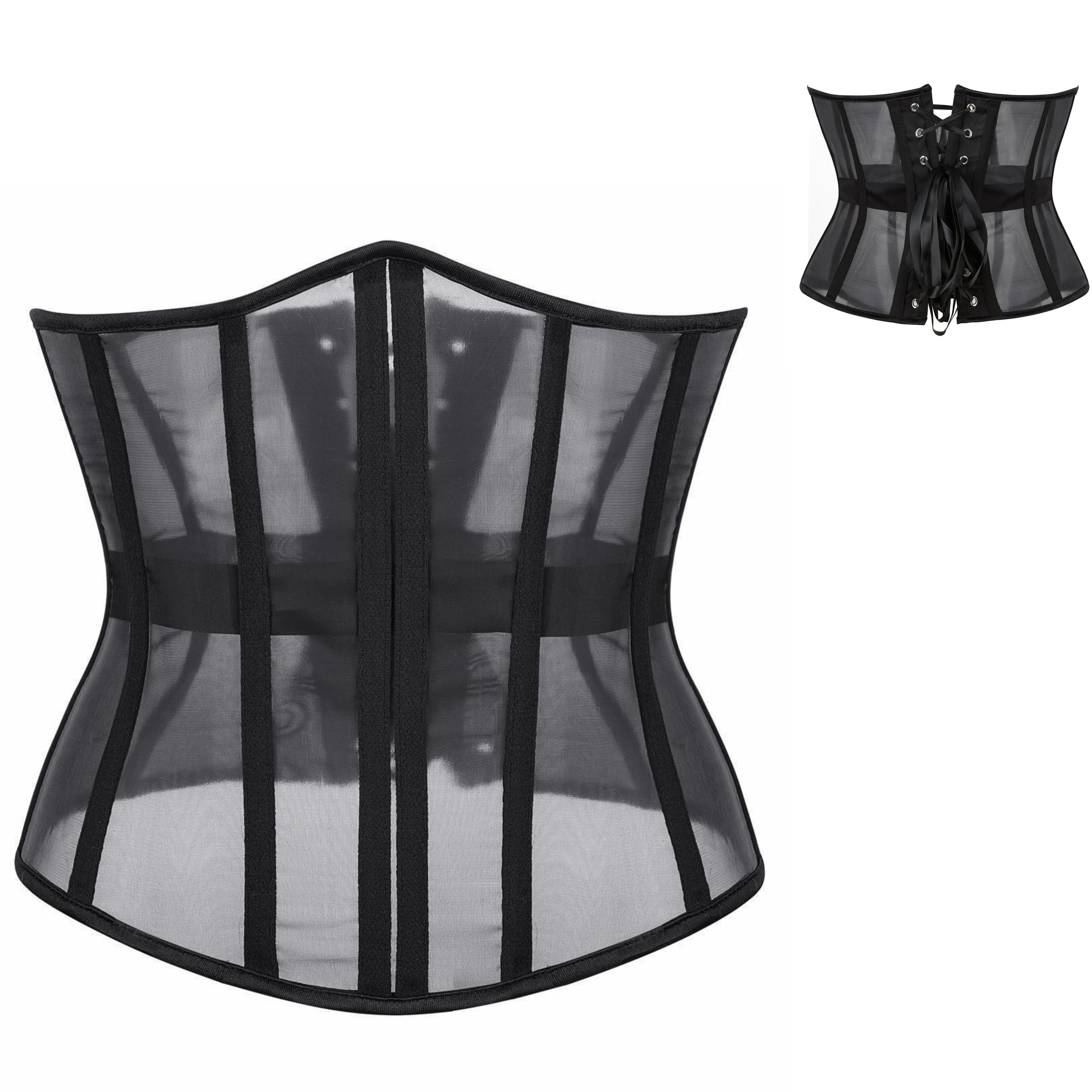 Women Black Corset Mesh See Through Waist Trainer Sexy Goth Vintage Bustier Slim Body Belt Streetwear Adjustable Corsets
