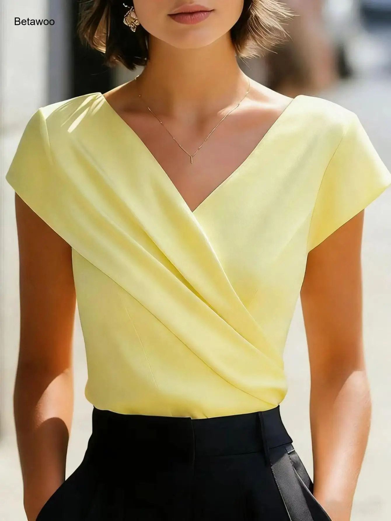 

V-Neck Wrap Knit Top for Women, Short Sleeve Ruched Front Fitted Casual Blouse