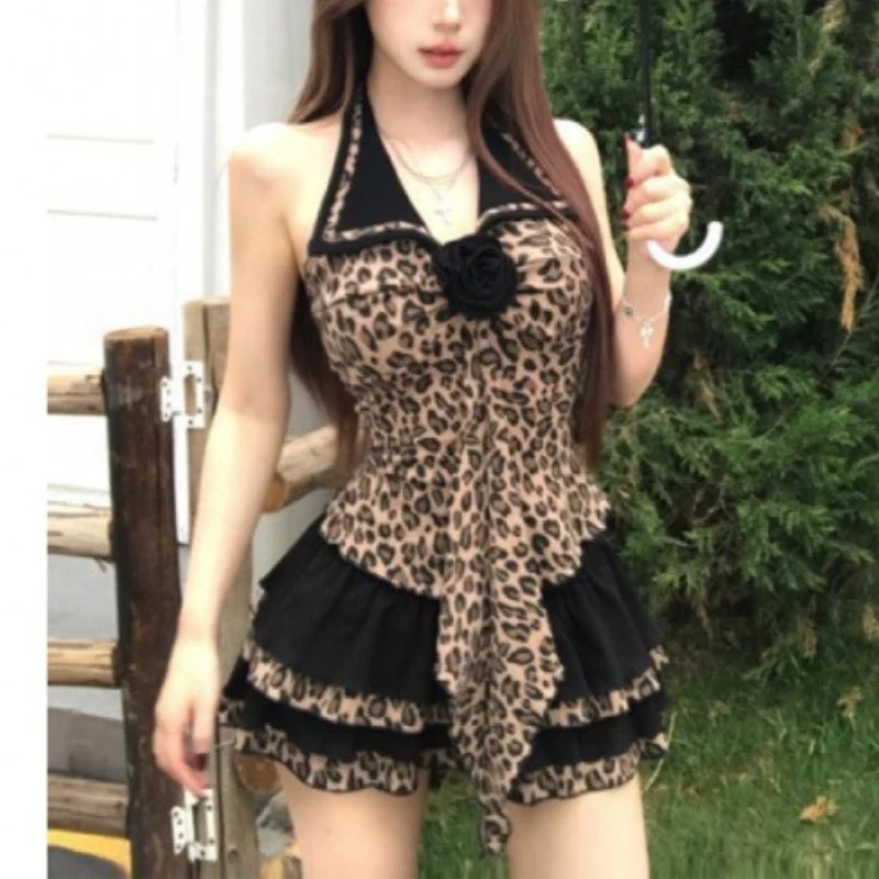 American Retro Hot Girl Leopard Print Halter Suit Collar Vest Summer New Backless Design Top for Women