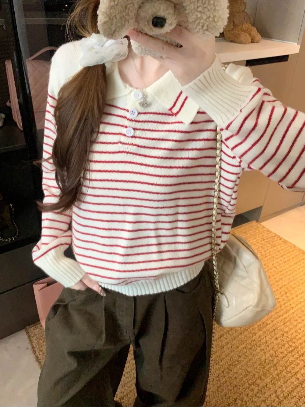 

Sweet Gentle Red Striped Long Sve Ne Sweater Autumn Winter Casual Versatile Top for Younger Looking Tee-Mu-Qi Fas...
