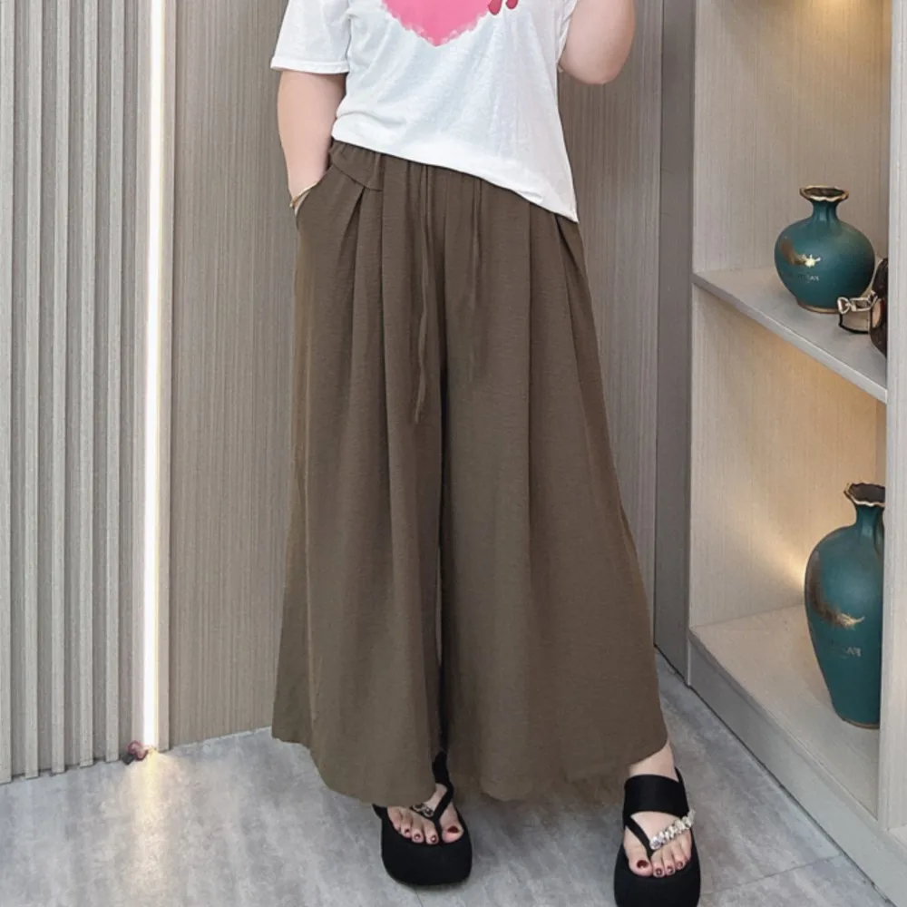 Plus Size Women's Wide Leg Pants Summer New Elastic Waist Loose Casual Ice Silk Hemp Straight Culotte