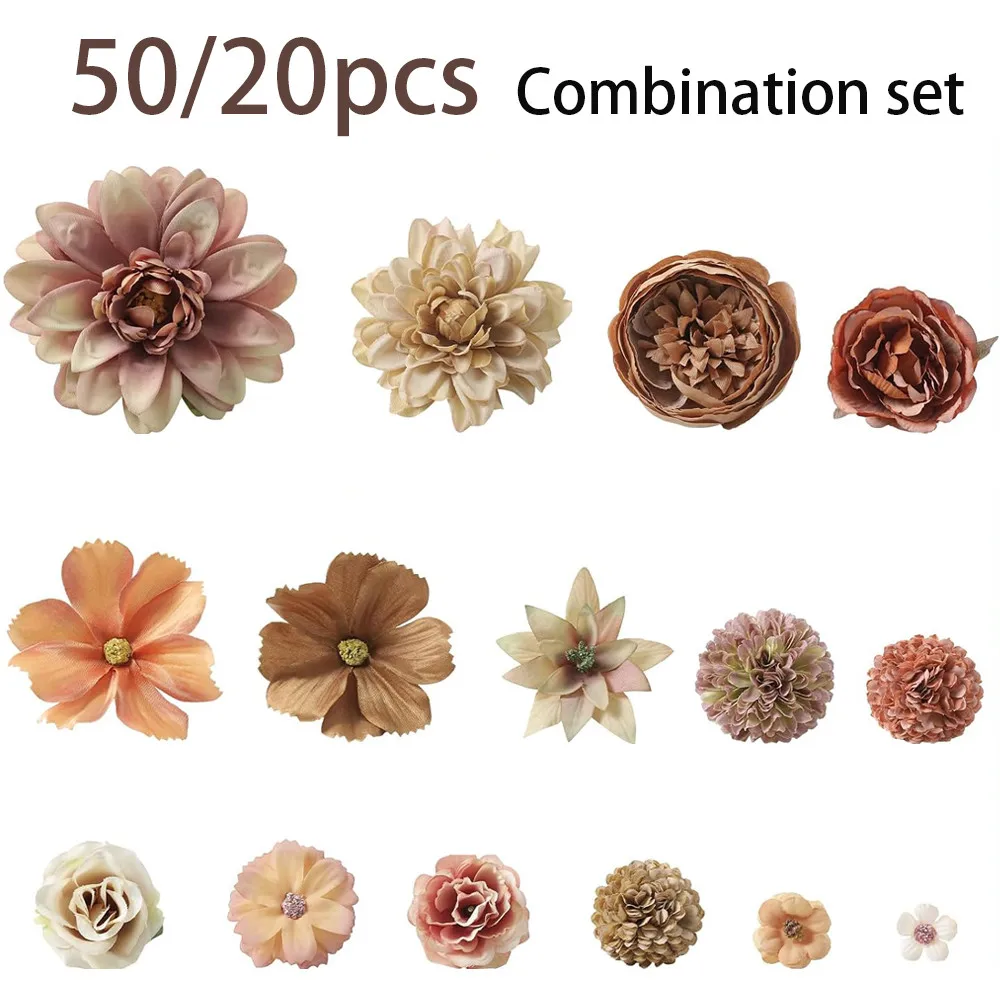 Brown Fall Artificial Flowers Heads Silk Fake Flowers DIY Craft Supply Autumn Wedding Home Party Christmas Floral Decoration