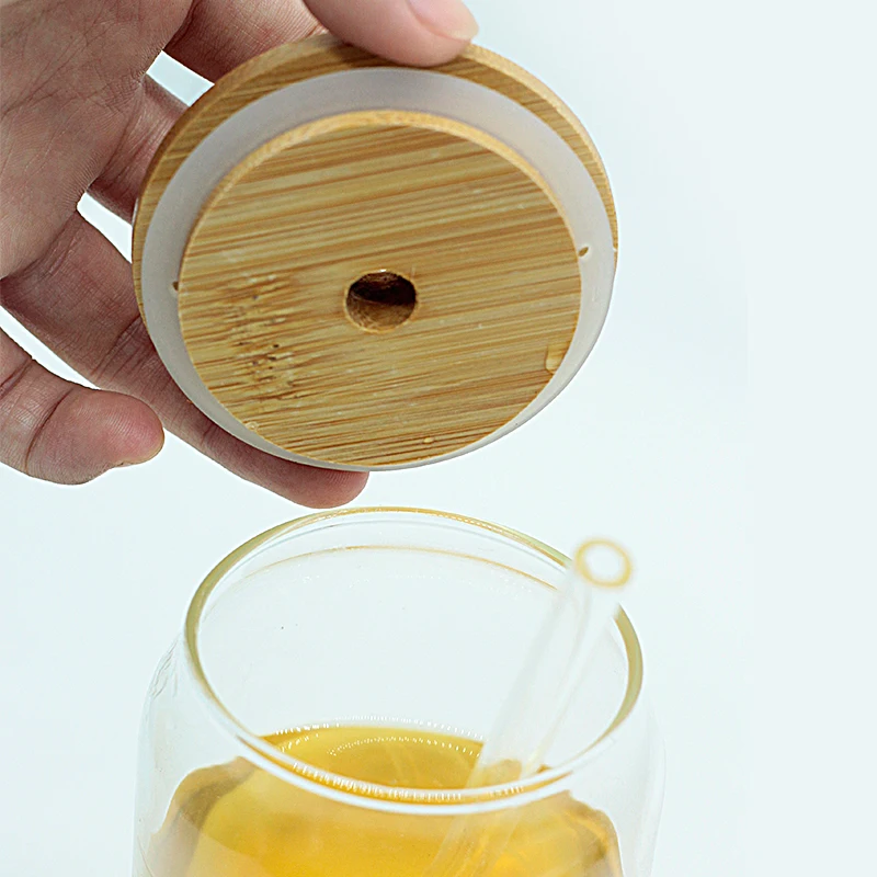 YOMDID Bamboo Lid For Glass Cup Only The Cap Water Cup Accessory Drinking Coffee Wine Milk Cup Covers Drinkware With Straw Hole