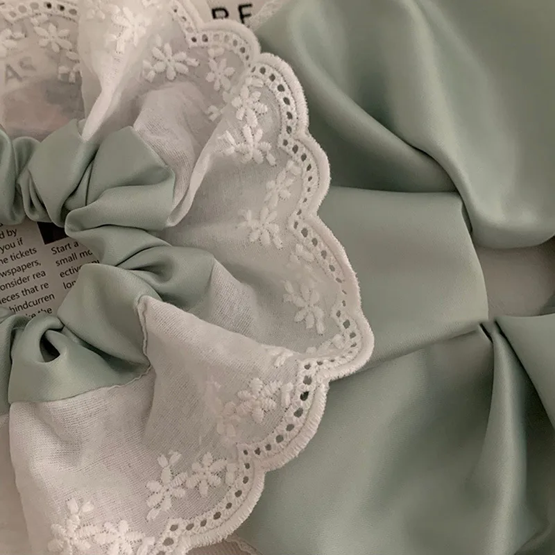 Korean New Fresh Green Lace Girly Scrunchie Large Ruffled Hair Accessory Vintage Ballet-Style Satin Elastic Hair Rope