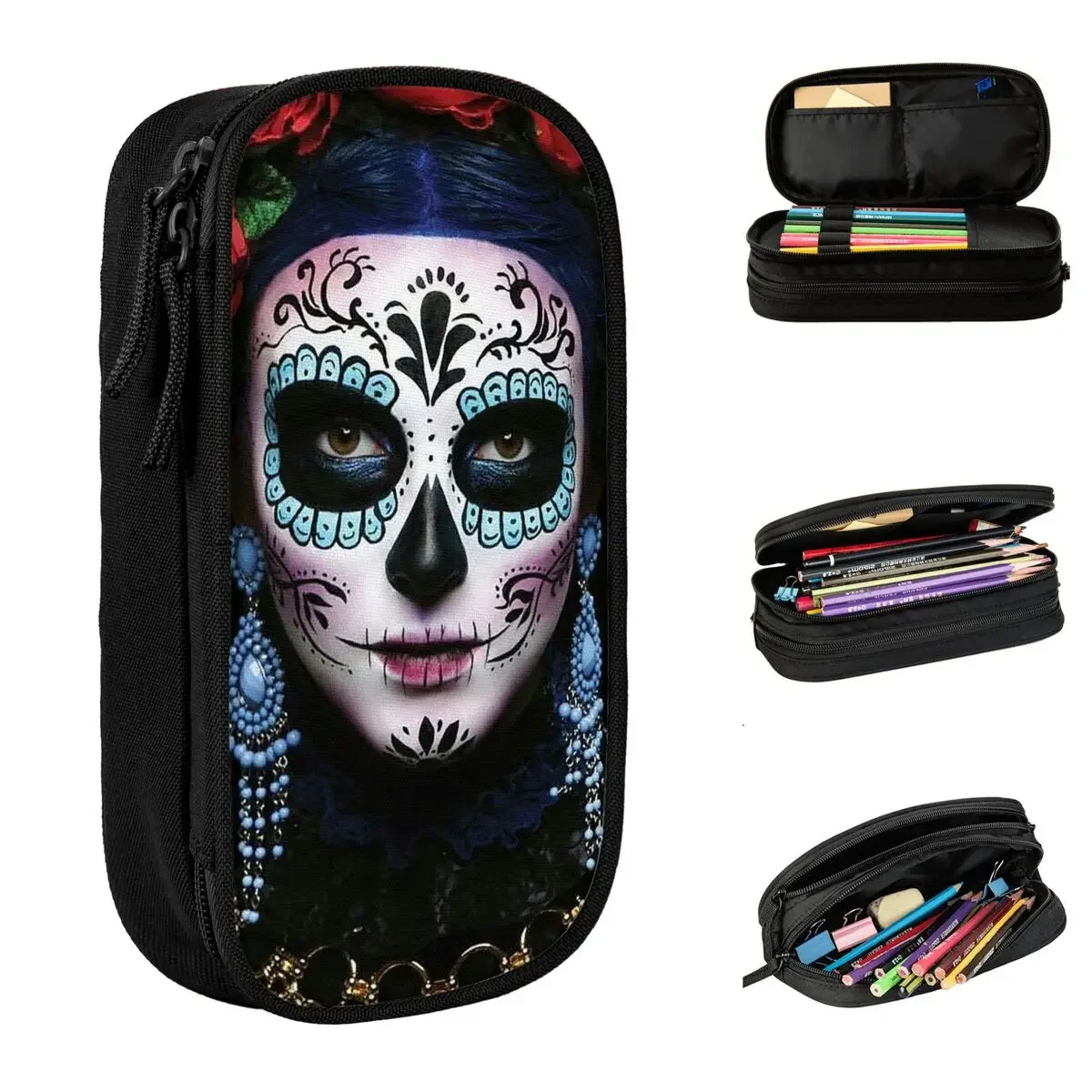 

Sugar Skull Pencil Cases Halloween Horror Pencilcases Pen Box for Student Large Storage Bags Students School Accessories