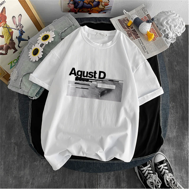 Camiseta de manga corta con estampado de KPOP Agust D para mujer, camisa de poliéster, estética, nueva versión coreana, Verano