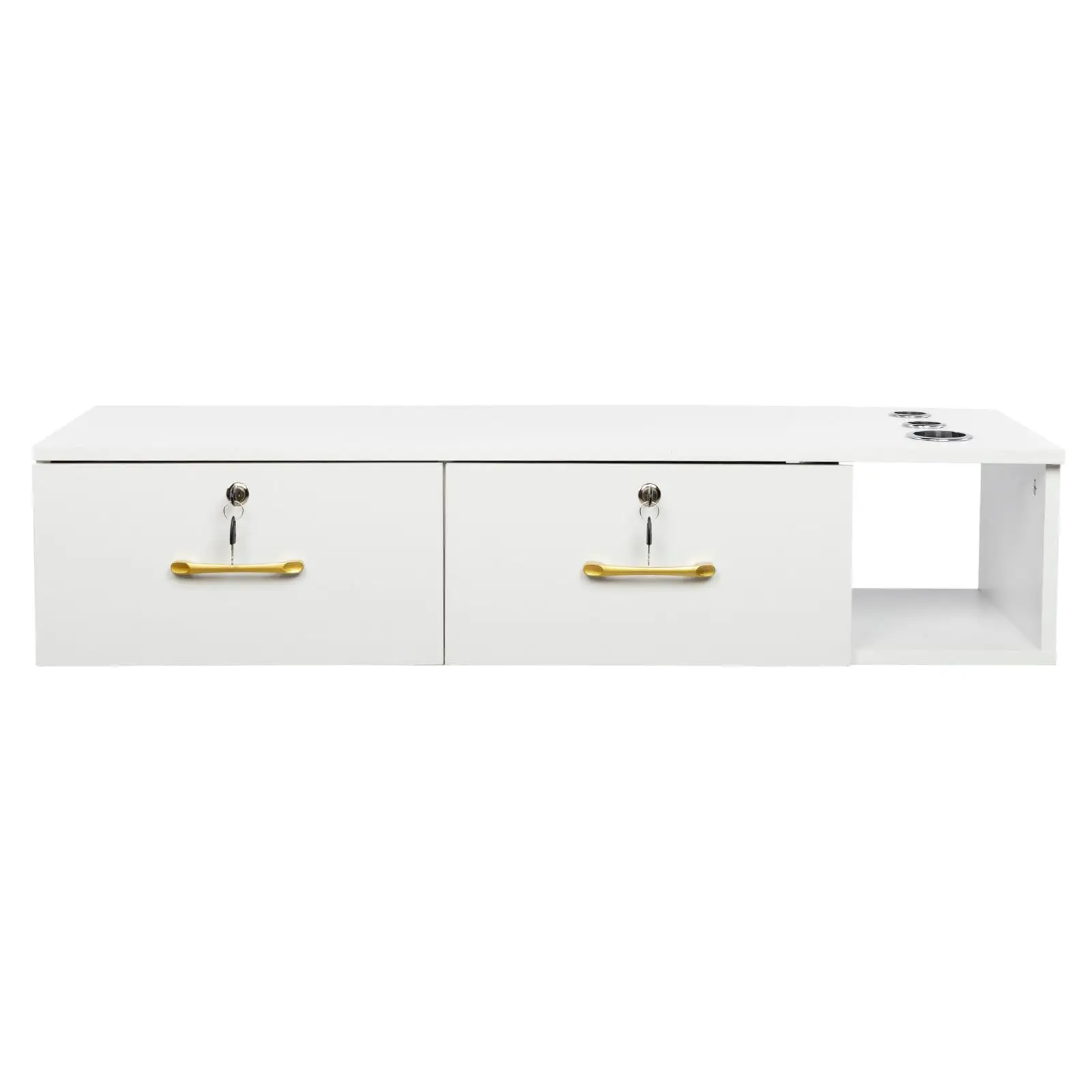 White Salon Cabinet with 2 Lockable Drawers, 3 Holes & 15cm E0 Chipboard Pitted Surface