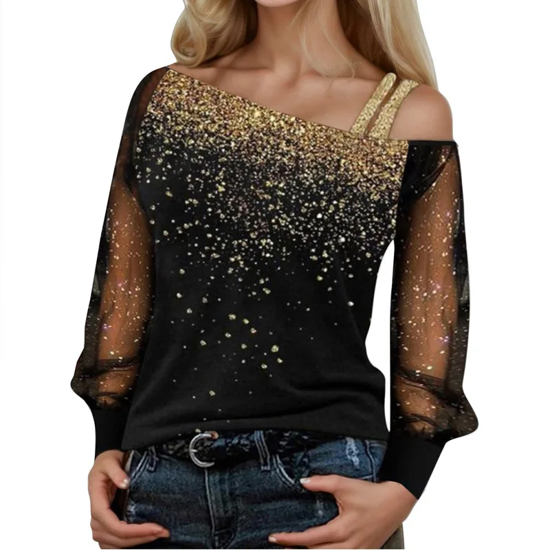 

Spring Summer New Fashion Glitter Print Women Casual T-shirt Sexy Slanted Shoulder Female Long Sleeved Tops