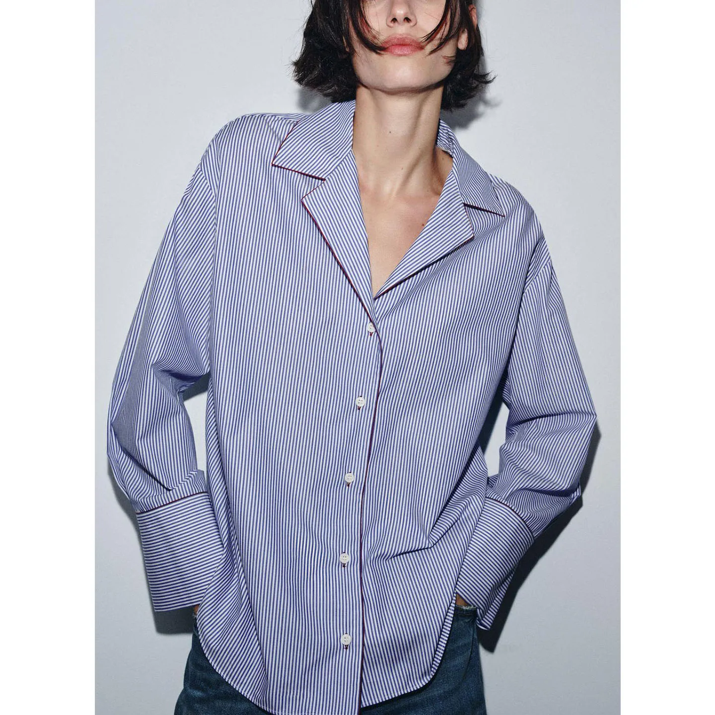 

Autumn New Casual Cotton Blend irt Collar Long Sve Color Blo Trim French Sle Slim Fit Breathable Polyester Women's S...