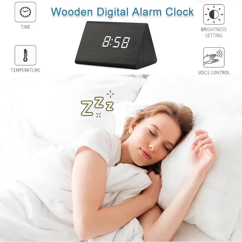 Wooden Digital Alarm Clock Time Date Temperature Display Desk Clocks for Bedroom Living Room Bedside Office