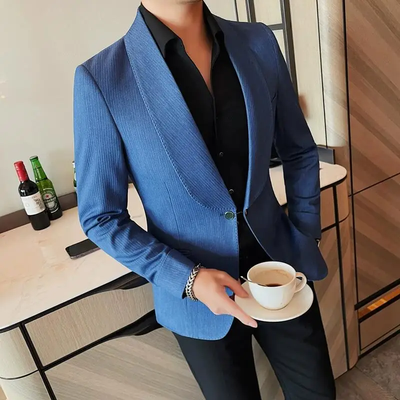 2023 Autumn New Men Single Button Suit Jacket Slim Fashion High Street Outwear Outfit Big Collar Design Wedding Social Tuxedo