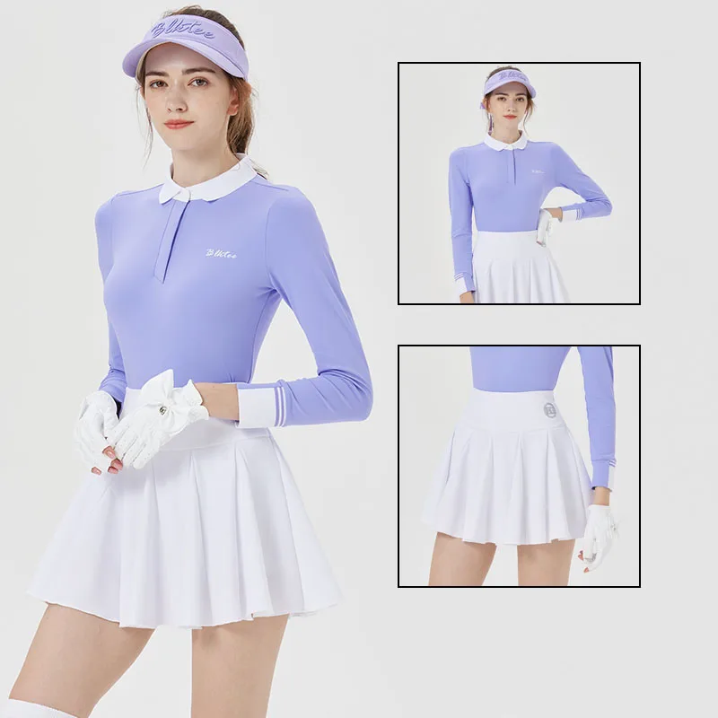 

Blktee Autumn Women Full Sleeve Golf Shirts Slim Patchwork Tops Lady A-line Golf Tutu Skirts Stretch Sports Golf Skorts Sets