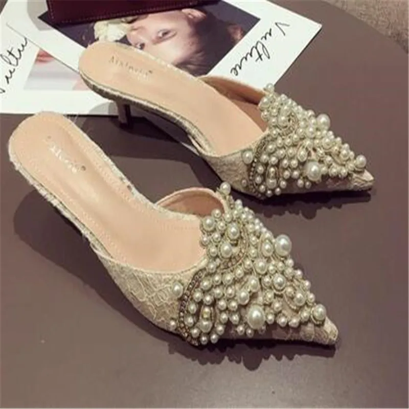 Spring/Autumn Fashion Sexy Women Shoes Elegant String Bead Crystal Patchwork Slip-On 35-42 Thin Heels Slipper NEW 2023