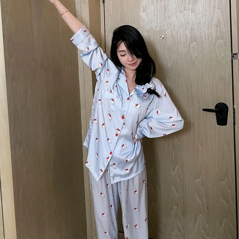 Sanrio Hello Kitty High-end Ice Silk Pajamas Girl Cartoon Cute Family Comfortable Casual Wear 3 Pieces Set Holiday Gifts