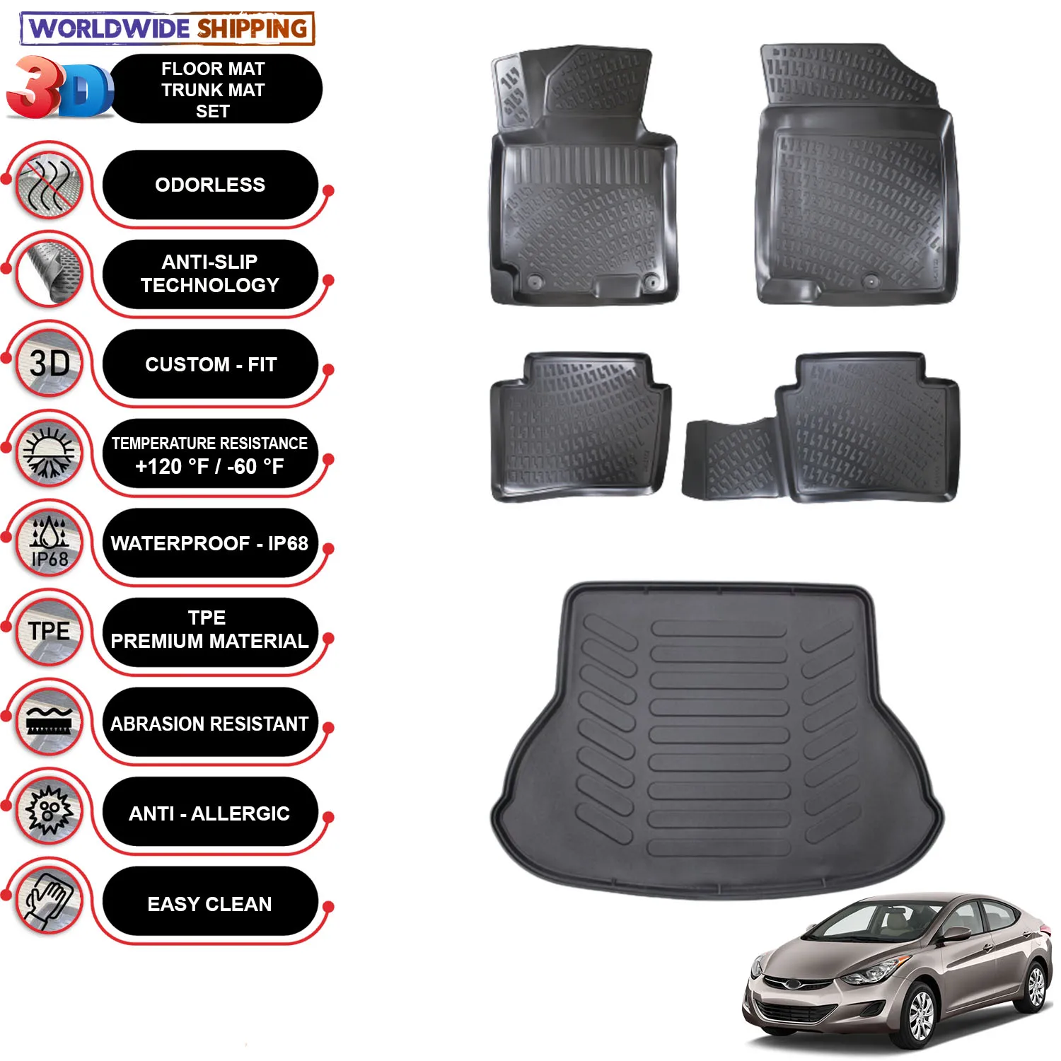 Hyundai Elantra - (2011-2015) - Floor Mats + Cargo Trunk Liner - SET - (Black)