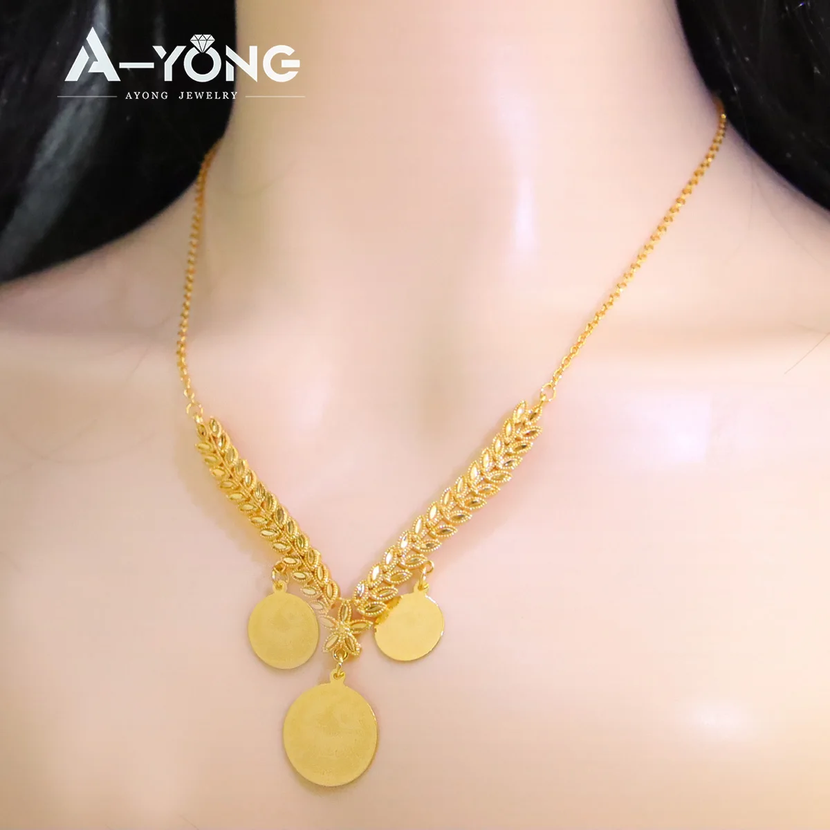 AYONG Luxury Gold Color Leaf Necklace Set 21k Gold Plated Arab Tassel Coins Pendant Dubai Nigeria Women Wedding Party Jewelry