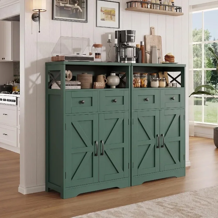 Farmhouse Storage Cabinet Set of 2 for Kitchen Pantry and Coffee Bar, Wood, White, Rustic Style with Adjustable Shelves