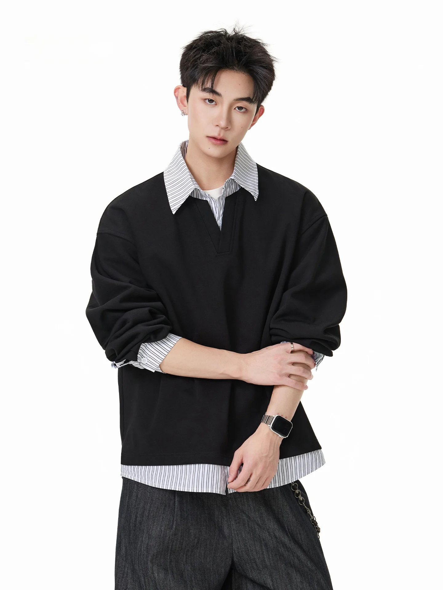 

Мужская толстовка с эффектом двухслойности и воротником в полоску, премиум-класса, с длинными рукавами, модный топ