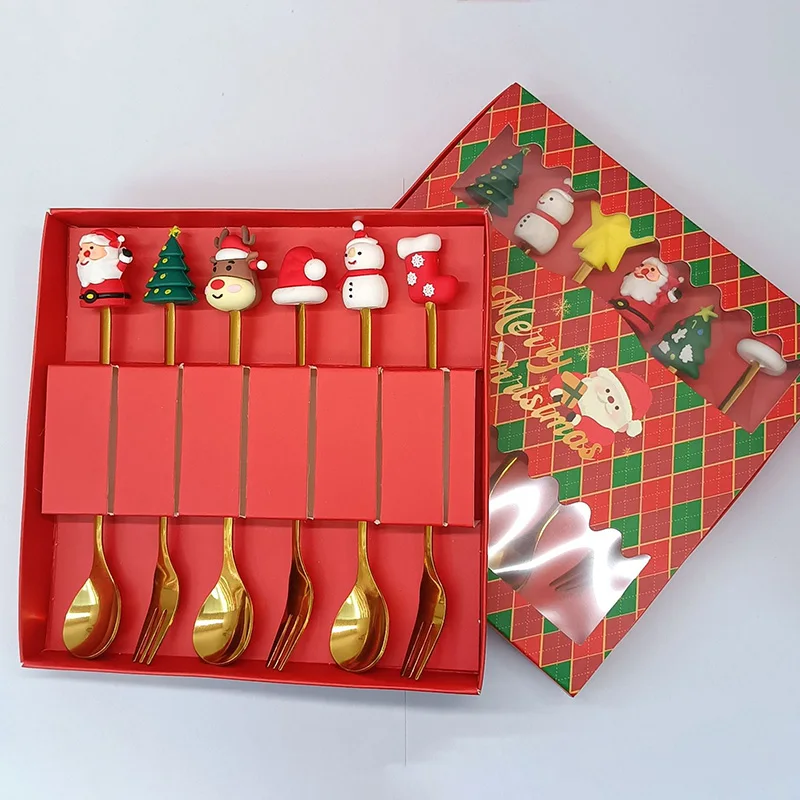 6pcs Christmas Gift Cutlery Spoon Fork Set Stainless Steel Elk Decoration Dessert Tableware Festival Accessories