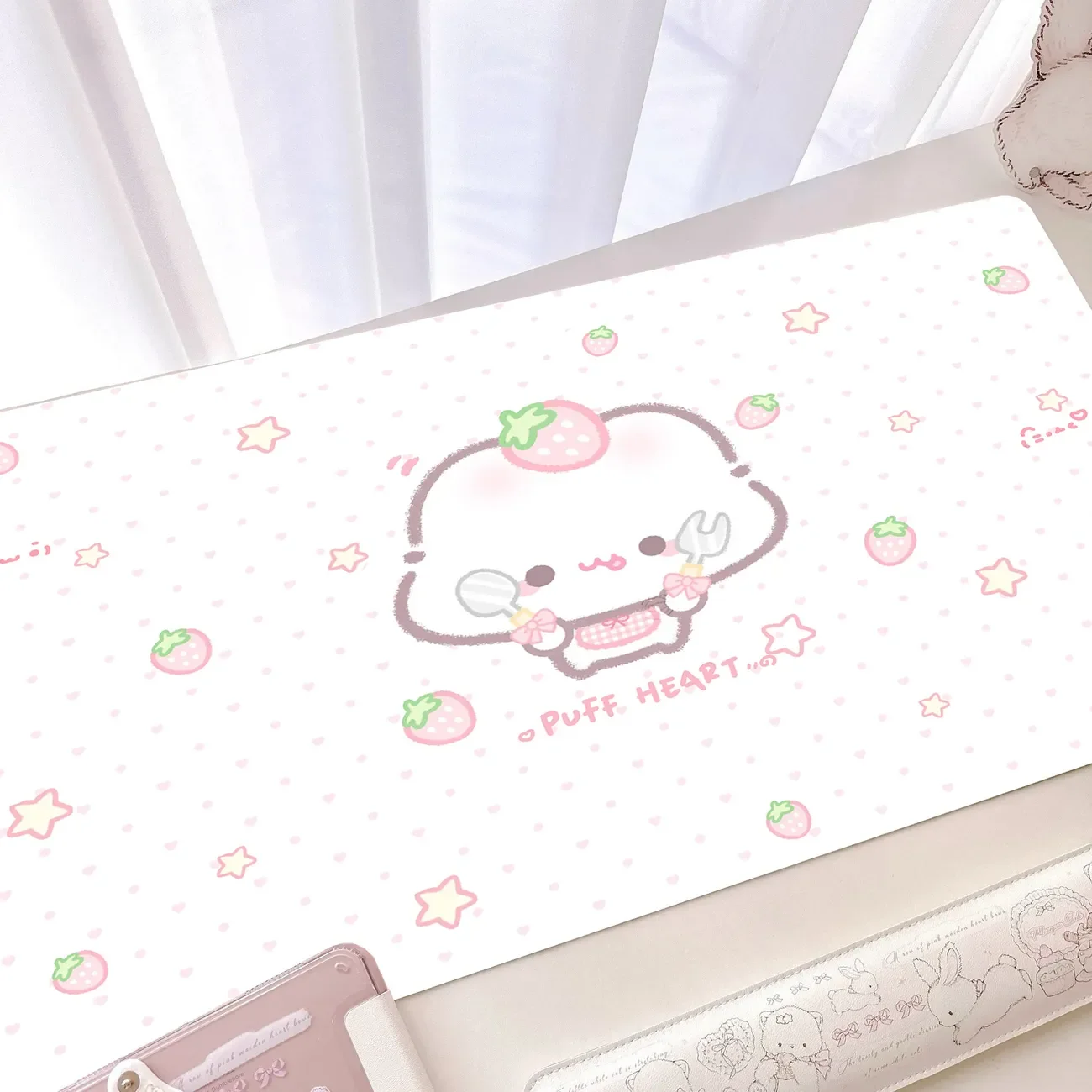 Leather Desk Pad Protector Anime Strawberry Polka Cake Kawaii Mouse Pad Office Desk Mat Waterproof Non-Slip PU Desk Blotter Pad
