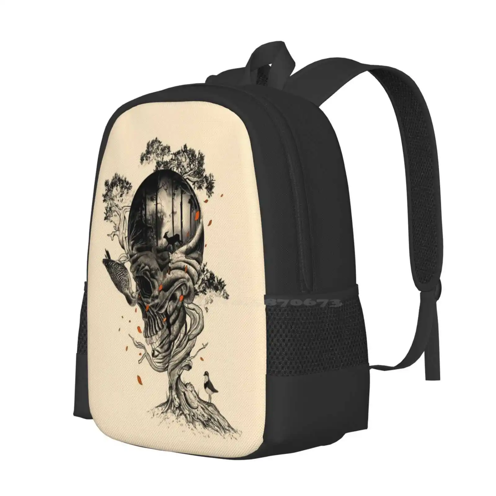 Mochila escolar de grande capacidade, sacos para laptop, crânio, flora, folhas, floresta de veados, perdido preto e branco, natureza selvagem vermelha, perdido