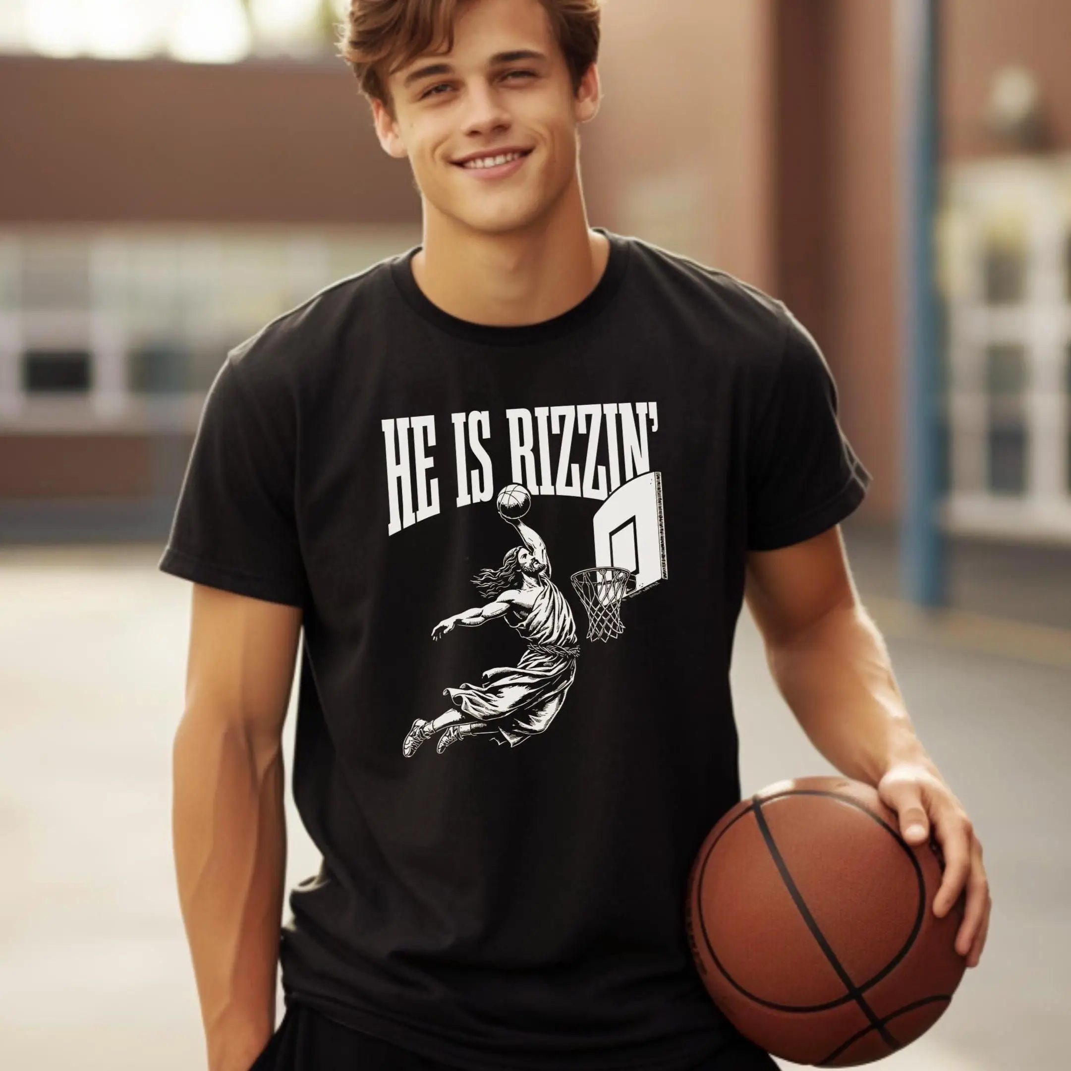 He Is Rizzin' Dunking Jesus Basketball Graphic T-Shirt Funny Meme Men Casual Cotton Short Sleeve Streetwear Humor Tee